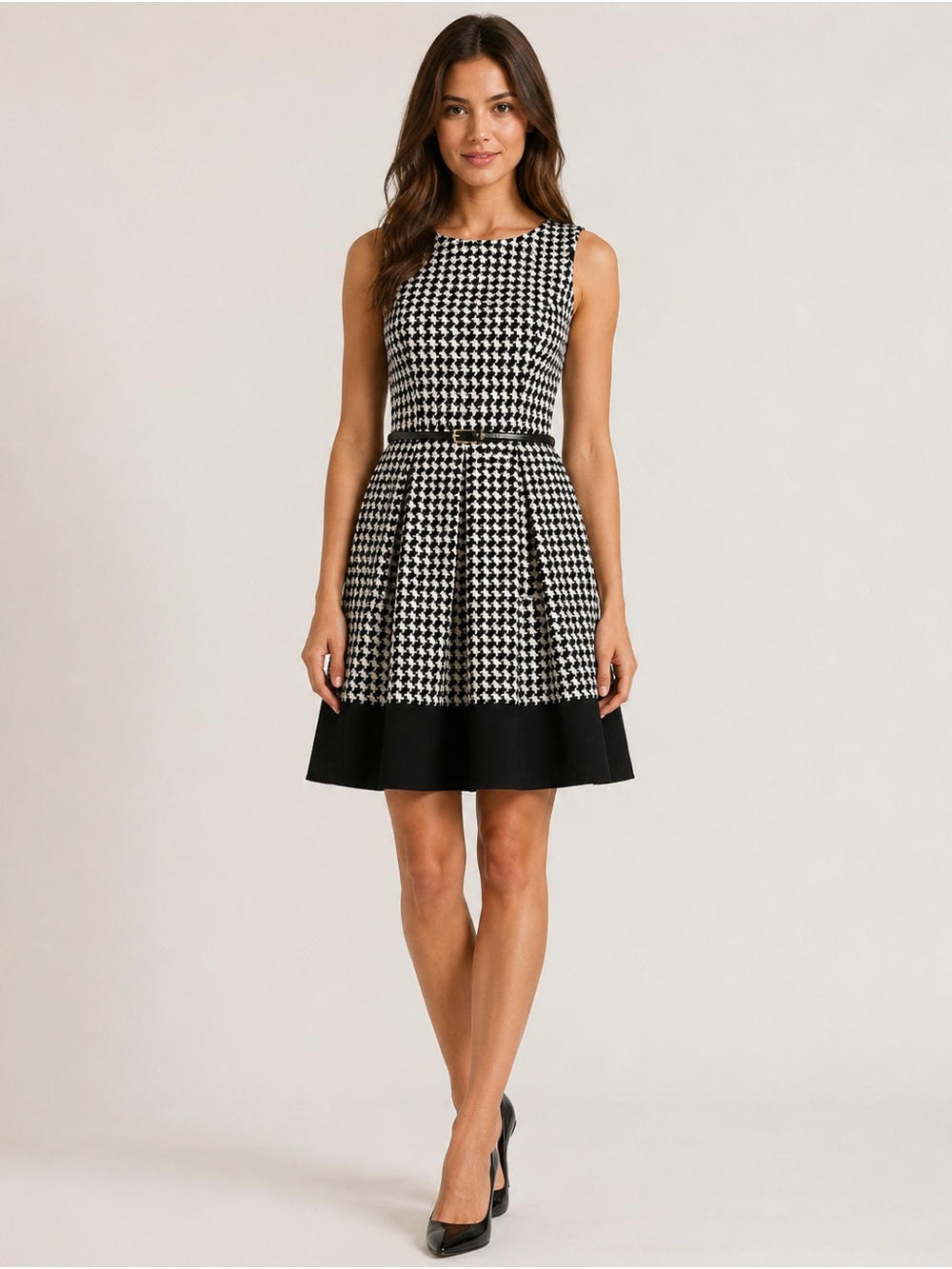 Calvin Klein Sleeveless Houndstooth Fit-and-Flare Dress in Black and White